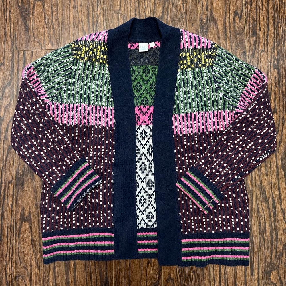 TWIK by Simons Multicolor Fair Isle Open Cardigan with Navy Trim with pockets